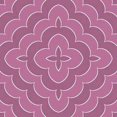 A symmetrical pattern composed of overlapping shapes creates a floral-inspired design in shades of pink and purple. The bold outlines enhance the geometric and elegant nature of the repetitive motif.