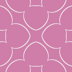 A repeating geometric pattern features white outlines against a muted pink background, creating a symmetrical and harmonious design. Design is composed of interlocking shapes forming an elegant look.
