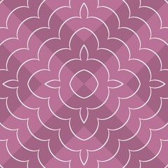 A floral pattern with symmetrical, abstract shapes unfolds in shades of pink and purple. The lines are clean and geometric, forming a repetitive mandala-like design.