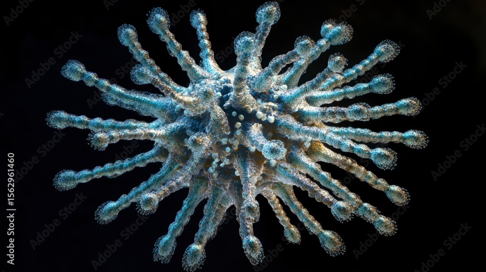 Poster microscopic view of a virus particle, detailed 3d rendering.