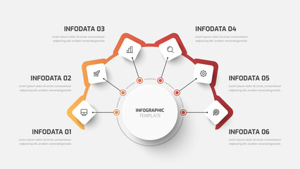Business Central Circle, Infographic Presentation with Gradient Color, Rhombus Label, 6 Options and Icon