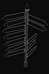 A black and white signpost with multiple directional arrows stands against a dark background, conveying choices and uncertainty. The minimalist line art features clean, bold strokes