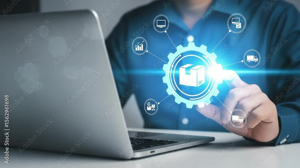 Poster person typing on laptop with digital icons floating above the keyboard in a business setting