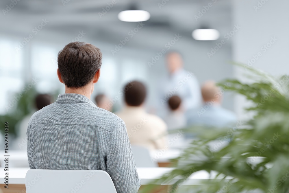 Poster drone-view overhead of hr onboarding session in conference room new hires seated in rows with traine