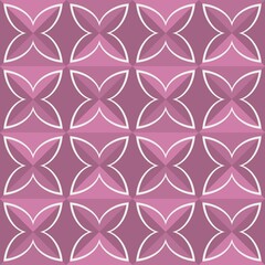 A geometric pattern features repeating floral-like designs in shades of pink and mauve. Each motif consists of petal shapes intersecting, creating a symmetrical, eye-catching arrangement.