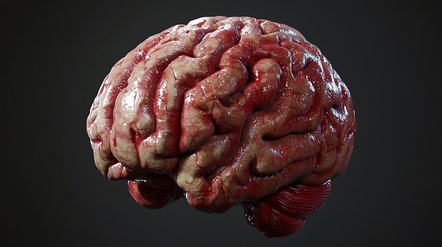 Realistic human brain anatomy detailed organ study cerebral cortex medical illustration dark background academic use