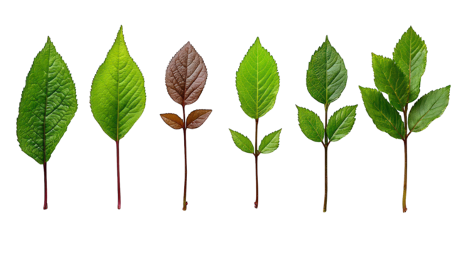 Six leaves, green & brown, lined up on a black background