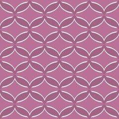 A repeating geometric pattern features interlocking circular shapes in a pink and white color scheme, creating a visually appealing symmetry. Design is suitable for various decorative applications.