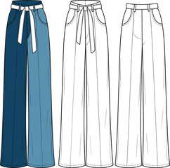 Women's High Waisted Wide Leg Pants Technical Flat Sketch, Front Views with Belt Detail, Fashion Apparel Template, Palazzo Trousers Design, Outline for Digital Art.