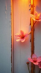 Delicate Pink Flowers Blooming Against Warmly Lit Wooden Wall Background