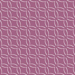 A seamless pattern composed of interconnected circles creates a geometric design with a modern aesthetic. The color scheme features variations of mauve and rose, enhancing the pattern's elegance.