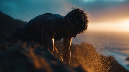 A determined athlete exercises on a rugged beach during golden hour, pushing limits amid sand and sea at dusk.