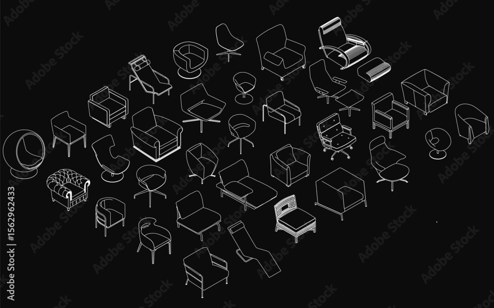 Poster a set of armchairs arranged in a circle, each with unique shapes and sizes, featuring curved or stra