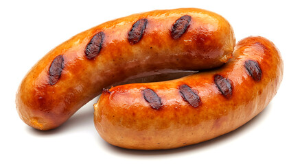 Two Grilled Sausages Stacked on a White Surface, Delicious Cooked Bratwurst, Perfect for Summer Barbecues and Gourmet Food Presentations