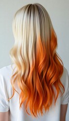 Stunning Blonde to Orange Dip Dye Hair Long Wavy Hairstyle Back View