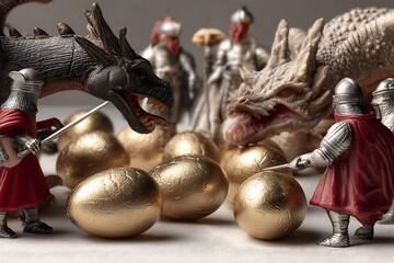 Corporate greed as a dragon hoarding golden eggs, knights labeled "Regulations" battling it