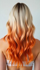 Stunning Ombre Hair Long Wavy Blonde to Fiery Orange Hairdo Back View