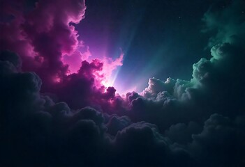 Dramatic Night Sky Above Clouds Vibrant Pink and Teal Hues Celestial Light Beams