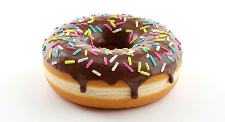 Delicious Chocolate Donut with Colorful Sprinkles on a Clean White Background, a Sweet Treat for Dessert Lovers and Bakeries