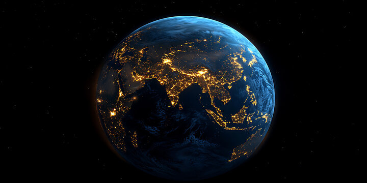 Realistic rendering of planet earth at night revealing city lights of asia and australia