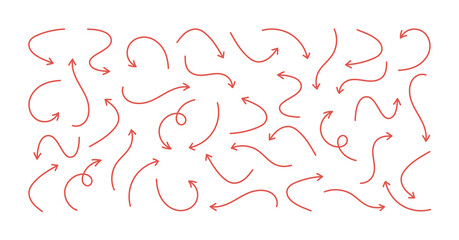 Arrows set, Red directed down up right and turn wavy pointers signs on white background. Collection of curved thin lines vector hand drawn arrows. Isolated icon arrows in doodle with editable stroke.