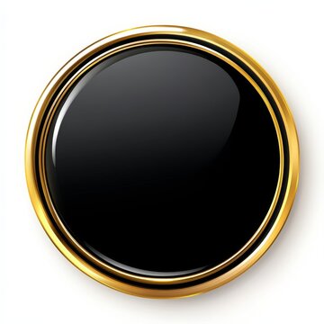 Black circular badge with gold frame