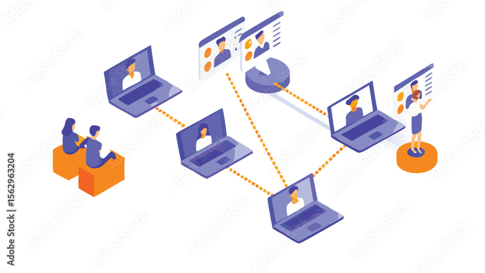 Poster isometric illustration of a virtual meeting with laptops connected via a network diagram