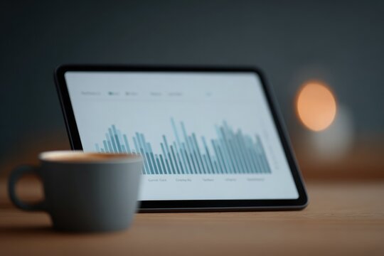 flat-lay of financial analytics dashboard on tablet next to paper charts calculator and coffee cup resting on wood