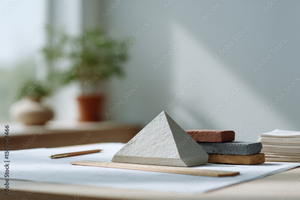 Aufkleber flat-lay of architectural drawing tools triangle ruler scale model bricks paint chips on drafting pa