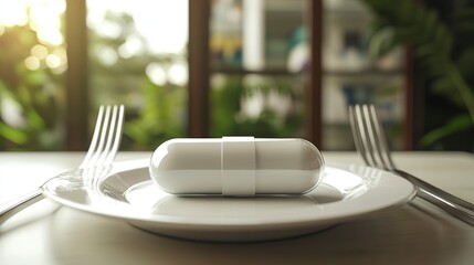 A large white capsule sits on a plate with forks beside it, suggesting dietary supplements or medication with meals.