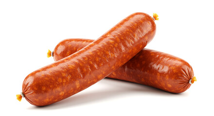 Two Chorizo Sausages, Cured Pork Sausage with a Rich Red Color and Visible Fat Content, on a Clean White Surface
