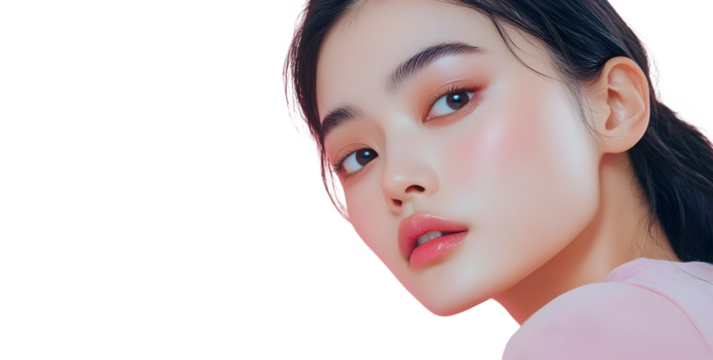 Close-up portrait of a young woman with pink makeup isolated on transparent background