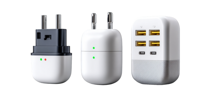 Various types of charging adapters arranged on a white background with subtle shadows