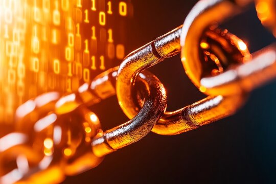 Digital Chain Link: A close-up view of a metallic chain with binary code overlaid, embodying concepts of connection, security, and the digital age. 