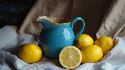 Lemons and limes in a Blue Pitcher on linen tablecloth. Still life photography, dark background, copy space.