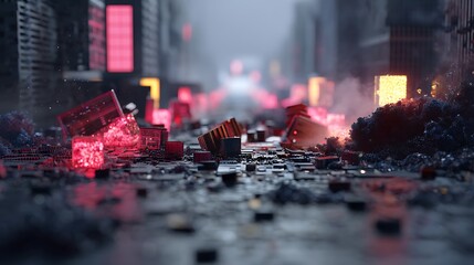 Cryptocurrency crashes as dominos toppling through a neon city, 8k hyper-detailed chaos