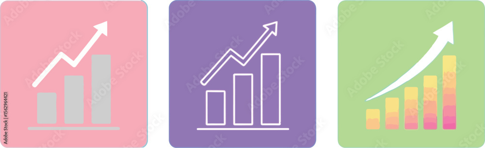 Poster three square icons displaying upward trending bar graphs on blue background