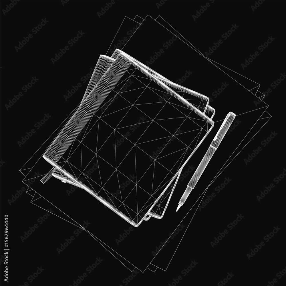 Aufkleber black and white sketch of an open notebook with a pen resting on top, placed on a dark background. t