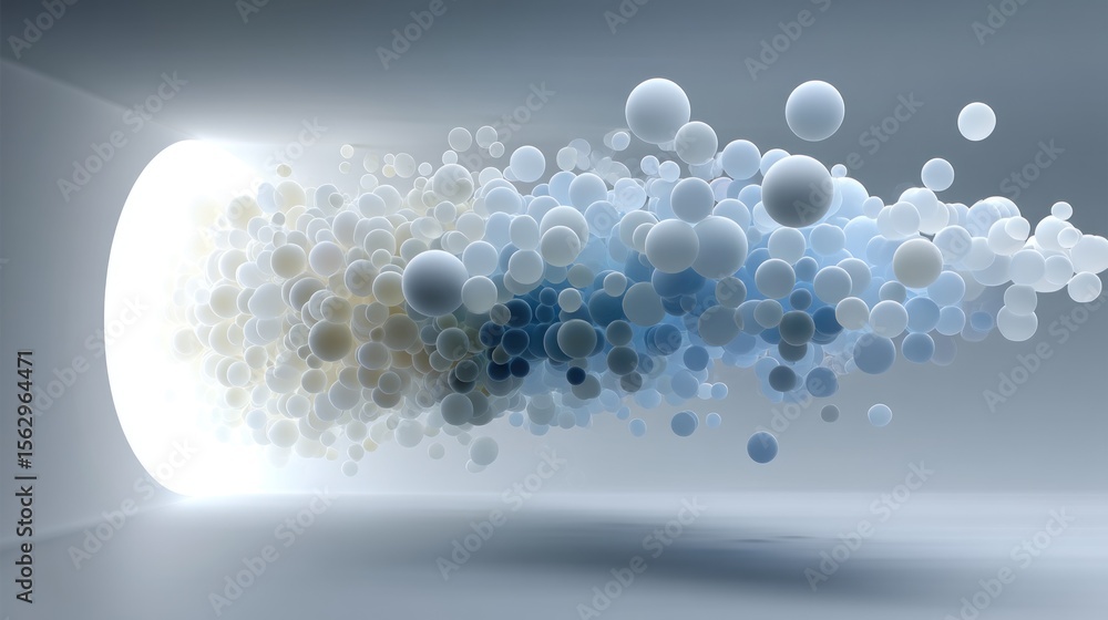 Poster abstract sphere stream: a digital artwork depicting a dynamic flow of spheres emanating from a lumin