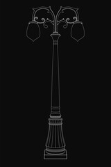 A tall black and white street lamp post stands on a dark background, featuring a curved top and round base. Two slender arms extend from the pole, each holding a light bulb surrounded by decorative.