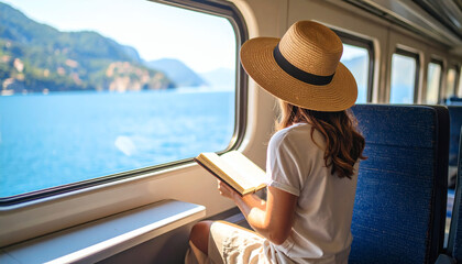Fototapeta premium Female traveler with a wide-brim hat and a journal, sitting by a window on a scenic train ride through Europe