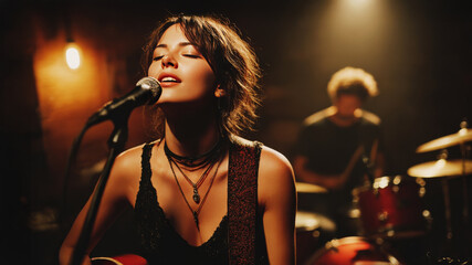 Melodic Soul: A soulful singer pours her heart into a performance, bathed in warm stage light, accompanied by a drummer, creating a captivating musical experience.