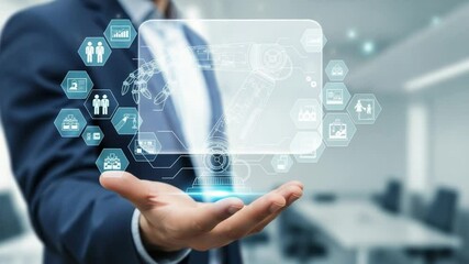 Person typing on laptop with devops and operations icons overlaying the keyboard and hands view - Powered by Adobe