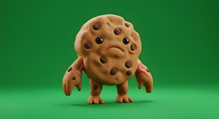 Sad Chocolate Chip Creature Standing on Green Background Whimsical Character Design