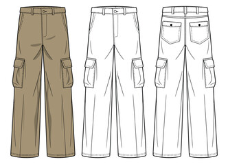 Women's Wide Leg Cargo Pants Technical Flat Sketch, Front and Back Views, Fashion Apparel Template, Utility Style Trousers, Modern Casual Wear, Detailed Outline for Digital Art.