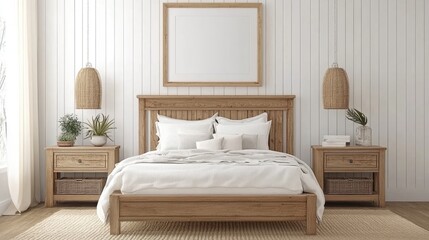 A comfortable, light-filled bedroom with wooden furniture and natural lighting.