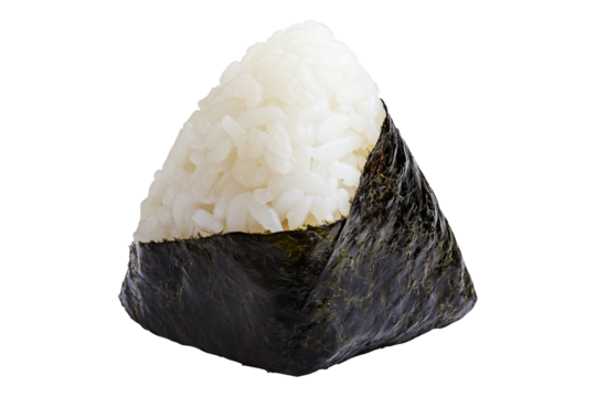 Japanese onigiri rice ball wrapped in nori seaweed, isolated on white transparent background, showcasing traditional Asian cuisine concept