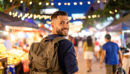 a man is traveling solo with a smiling face with a night market in Asia in the background with lots of lights