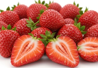 A vibrant display of whole and halved strawberries isolated on white background showcases their freshness and sweetness