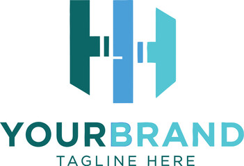 A stylized letter h logo in shades of blue with yourbrand and tagline here text